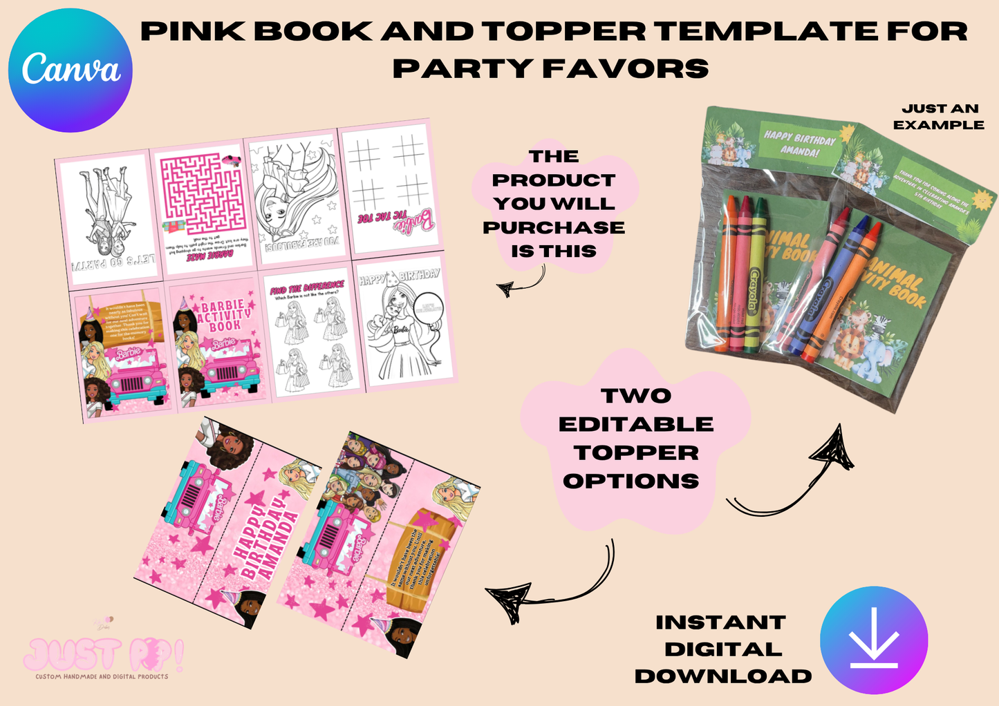 Pink Doll Birthday Party Favors | Activity Booklet & Editable Topper Template | Printable Digital Download