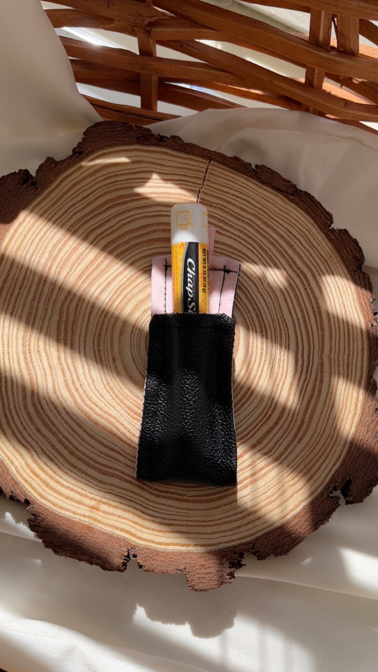 Light Pink Faux Black Leather Chapstick Holder