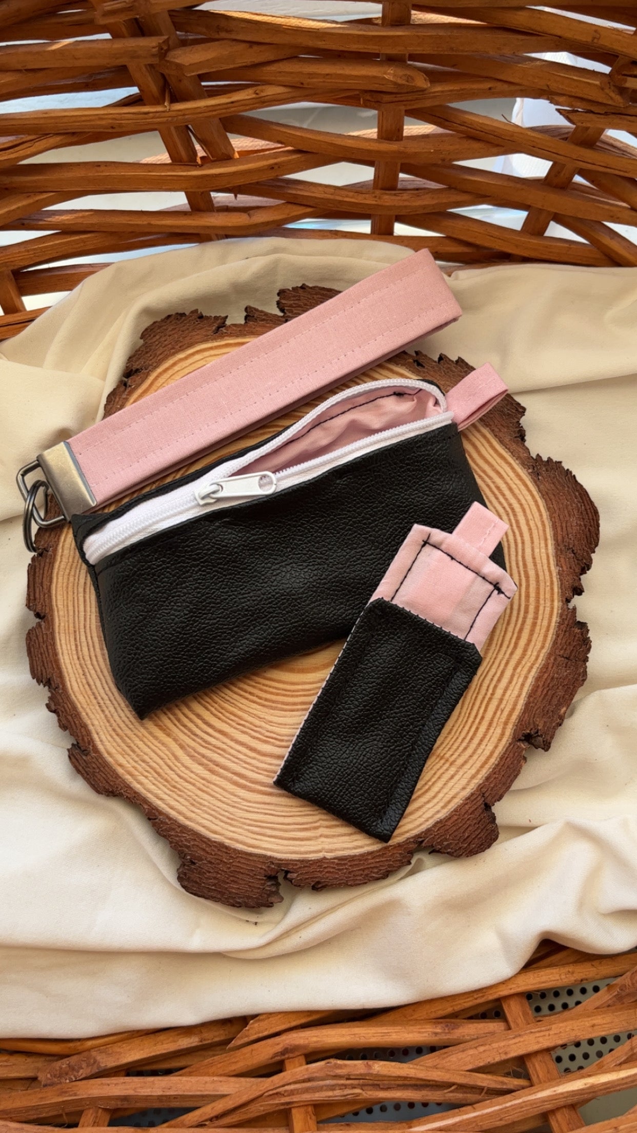 Light Pink Faux Black Leather Mini Keychain Pouch
