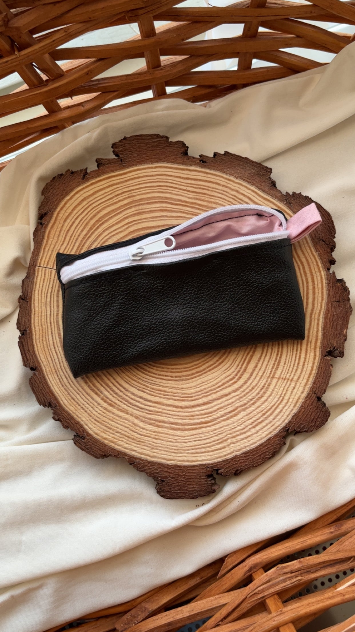 Light Pink Faux Black Leather Mini Keychain Pouch