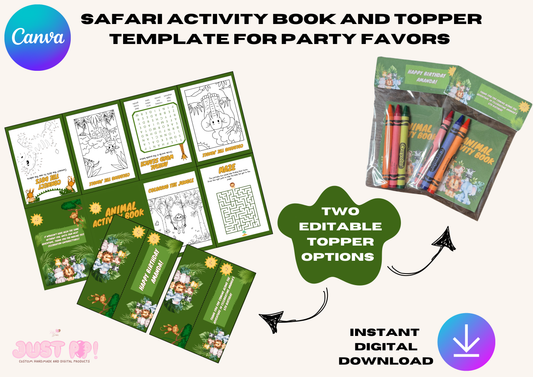 Safari Adventure Activity Booklet & Canva Topper Template | Fun Kids Birthday Party Favors | Jungle Themed Printable | Editable Templates