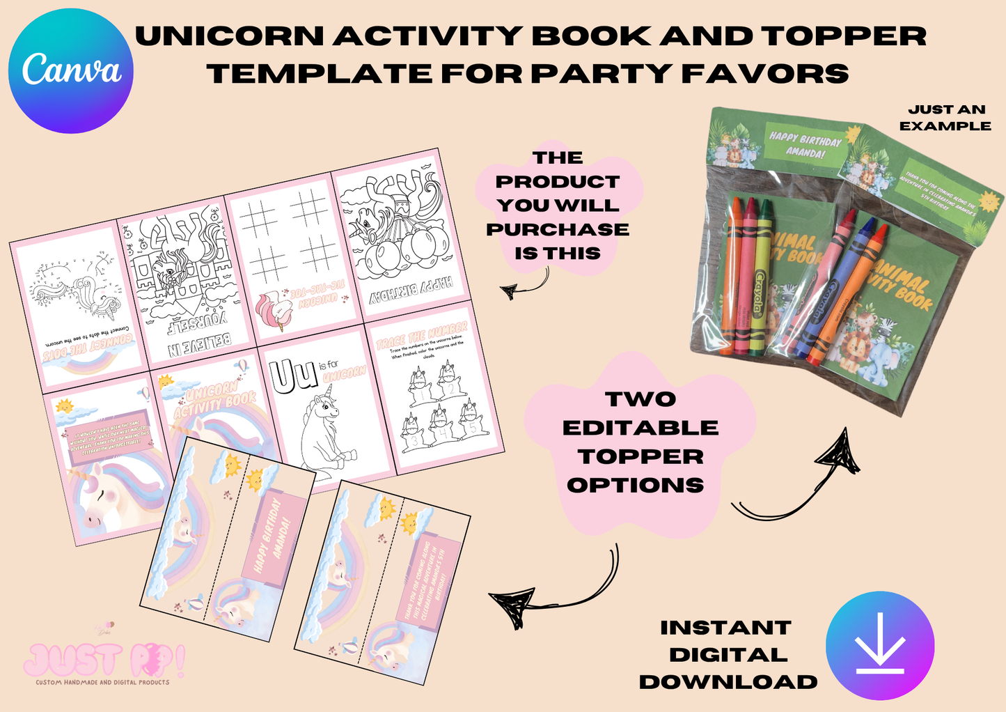 Unicorn Birthday Party Favors | Activity Booklet & Editable Topper Template | Printable Digital Download